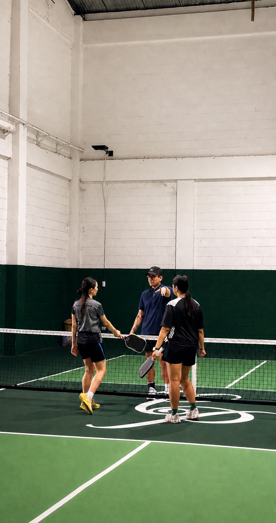 Coach GL speaking with two pickleball students at the net on an indoor court